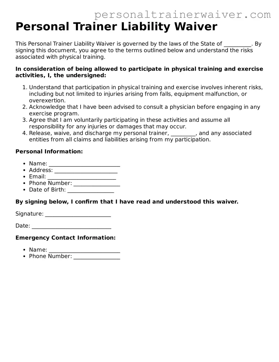 Fillable Personal Trainer Liability Waiver Document